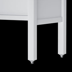 White furniture legs with wheels, modern design on black background.