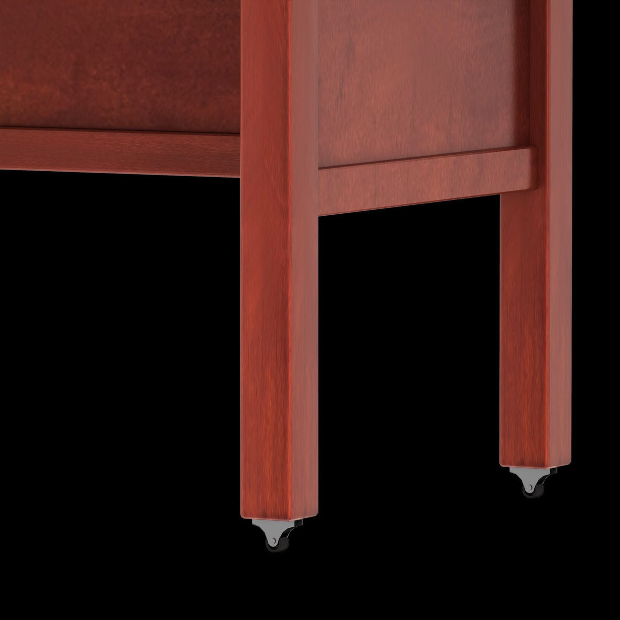 Wooden table legs with caster wheels for easy mobility.