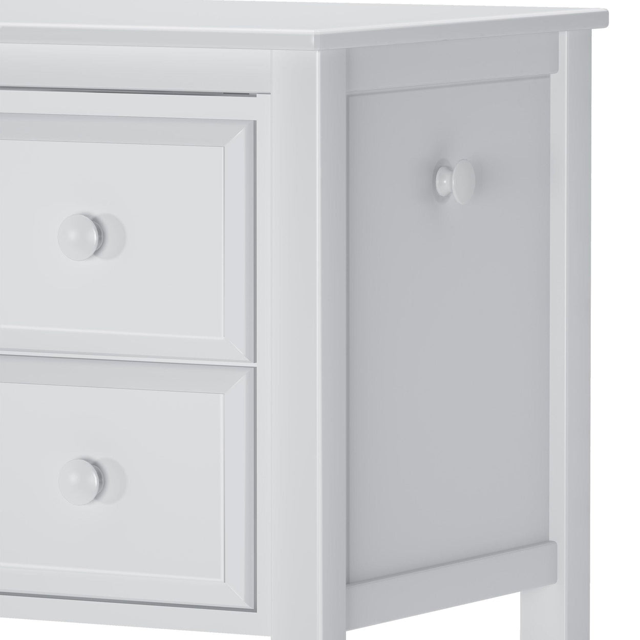 White wooden dresser with two drawers and side cabinet, perfect for bedroom storage.
