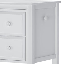 White wooden dresser with two drawers and side cabinet, perfect for bedroom storage.