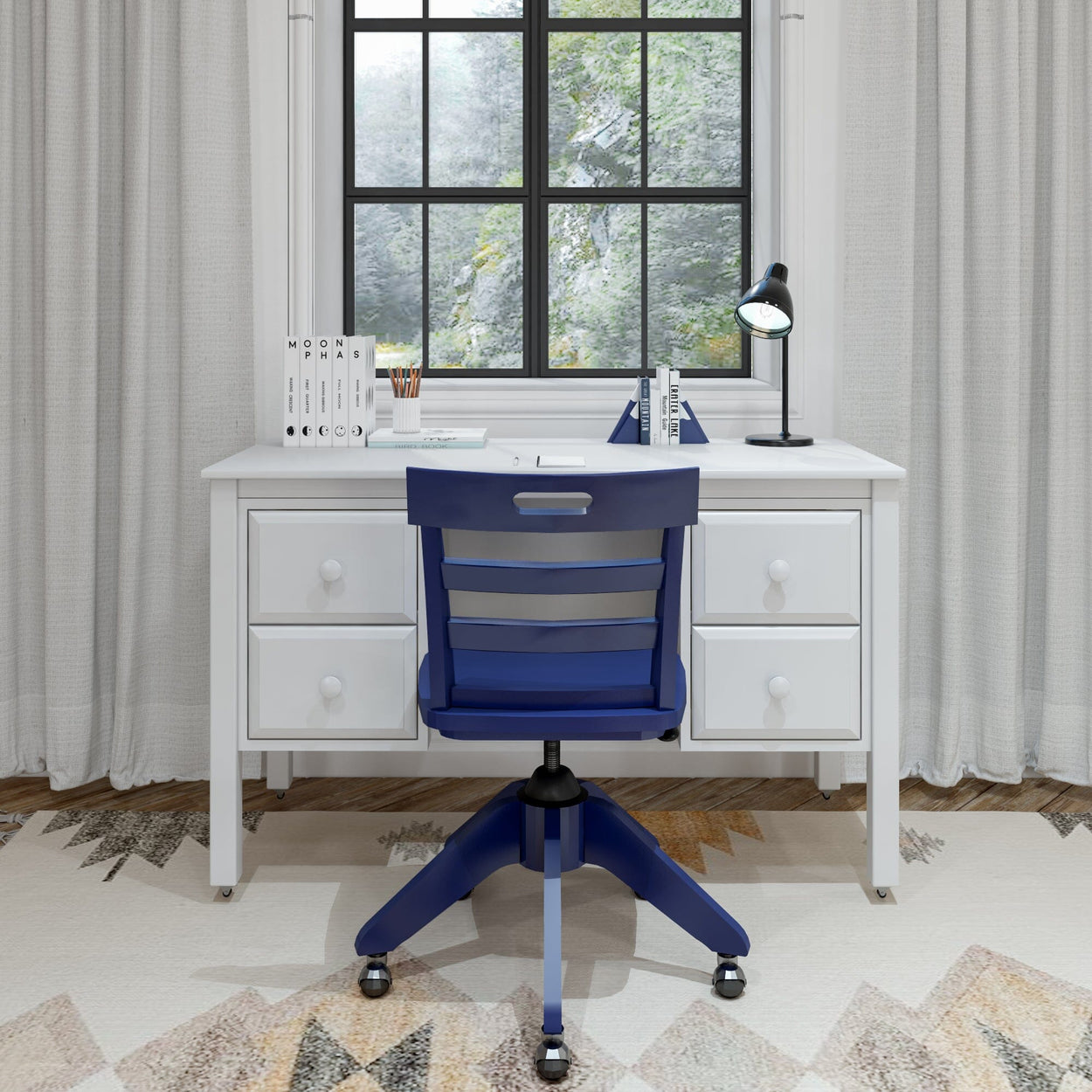 Modern home office setup with a white desk, blue chair, desk lamp, and window view.