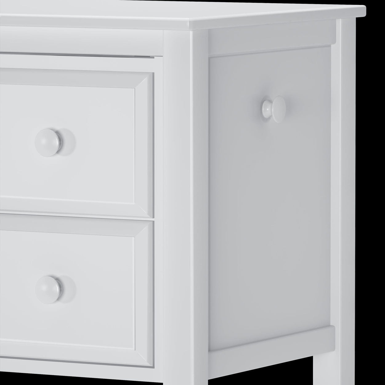 White wooden dresser with two smooth round knobs and clean modern design.