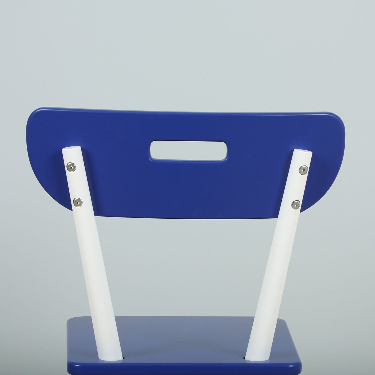 Blue and white modern chair design with a minimalist backrest detail.