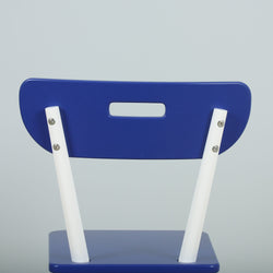 Blue and white modern chair design with a minimalist backrest detail.