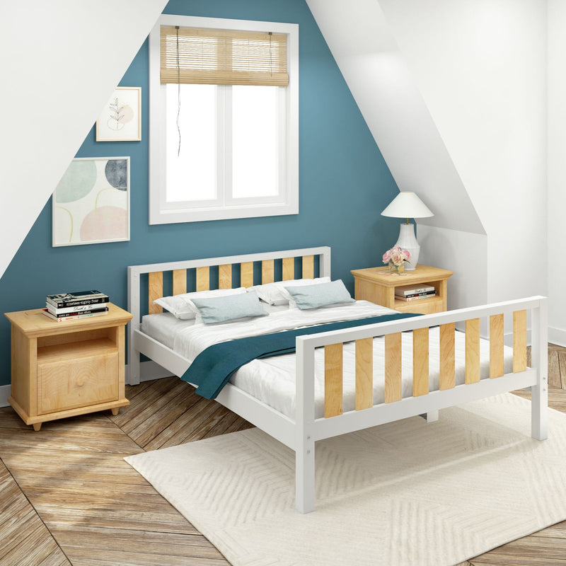 Modern bedroom interior with blue accent wall, white wooden bed frame with natural wood slats, wooden nightstand and lamp, bamboo blinds, framed art and hardwood floor