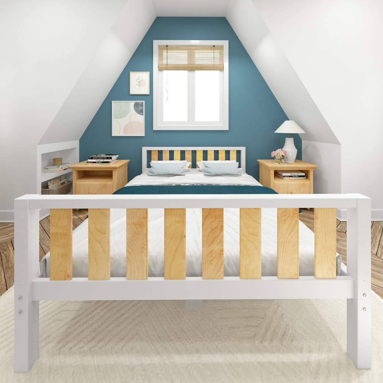 Cozy attic bedroom with modern wooden bed, blue accent wall, and decorative art.