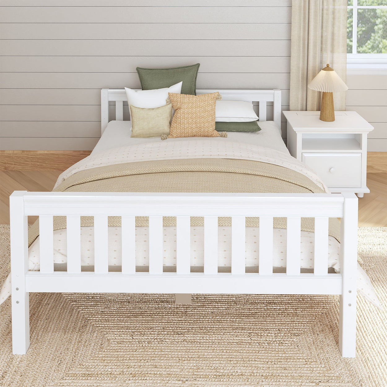 White wooden bed frame with cozy neutral bedding and decorative pillows in a modern minimalist bedroom setting.
