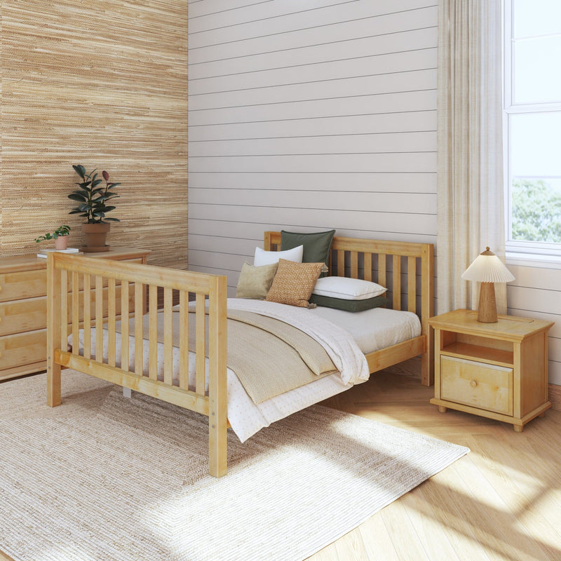 Modern farmhouse bedroom with natural wood bed, shiplap accent wall, textured woven wallpaper, neutral bedding, potted plants and sunlit window