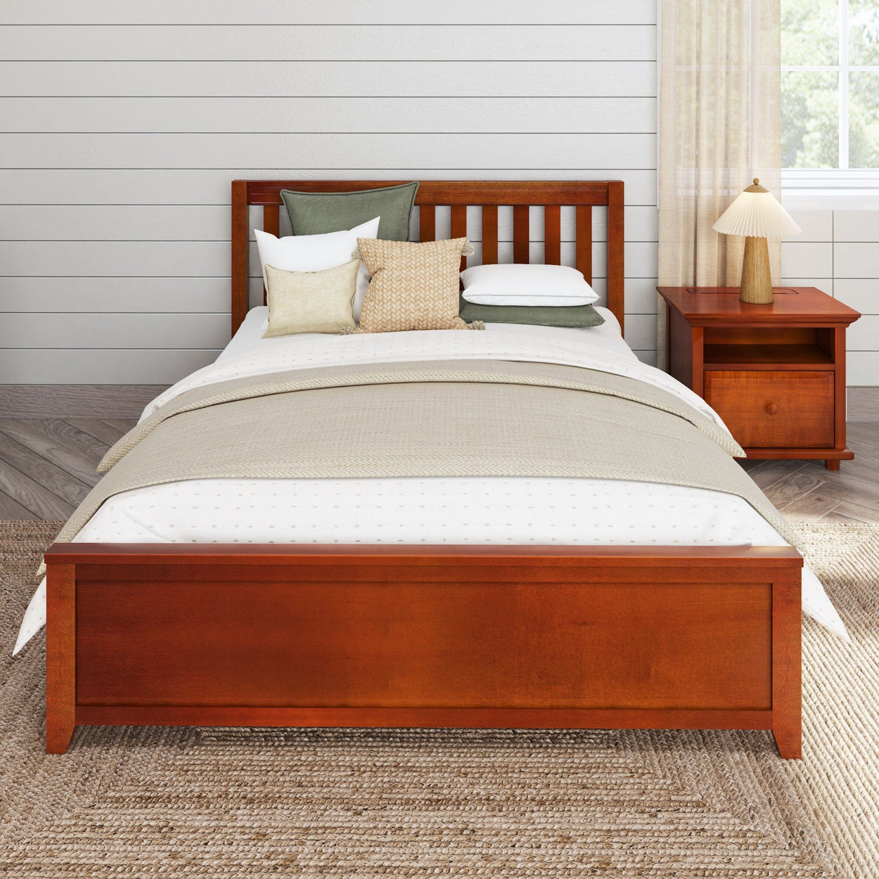 Elegant wooden bed frame with neutral bedding and decorative pillows in a cozy bedroom setting.