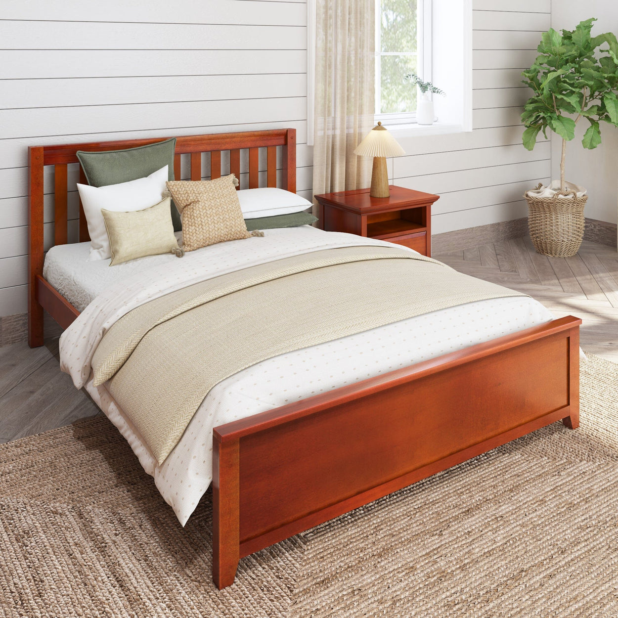 Modern bedroom with a wooden bed frame, neutral bedding, side table and indoor plant.