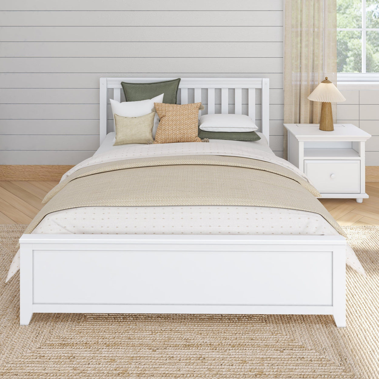 Modern bedroom interior with white wooden bed frame, cozy beige bedding, and decorative pillows.