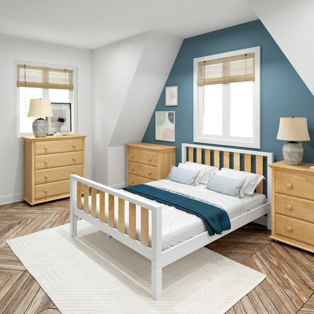 Cozy bedroom with blue accent wall, wooden furniture, and a white bed in a modern decor style.