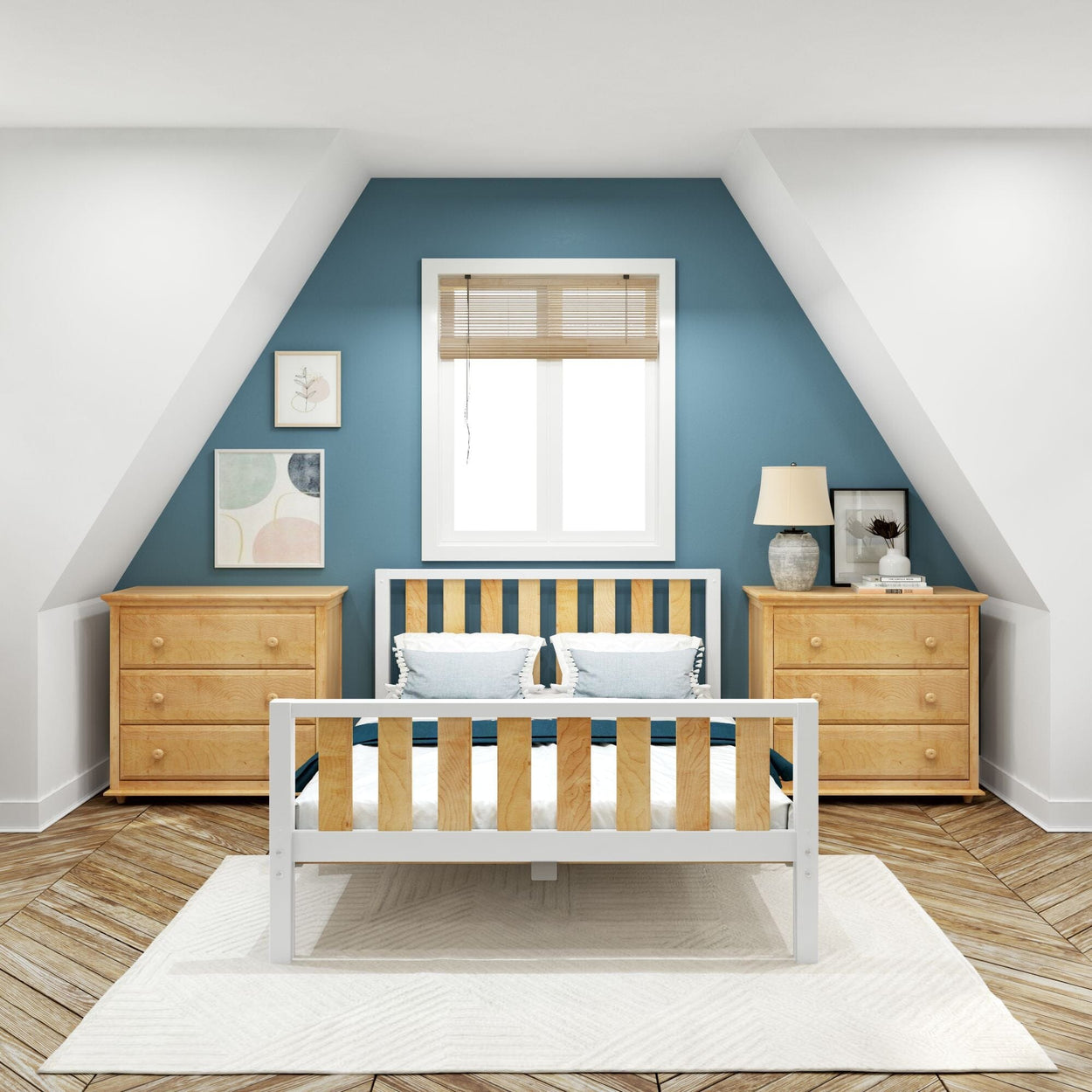 Cozy attic bedroom with wooden bed, blue accent wall, and modern decor.