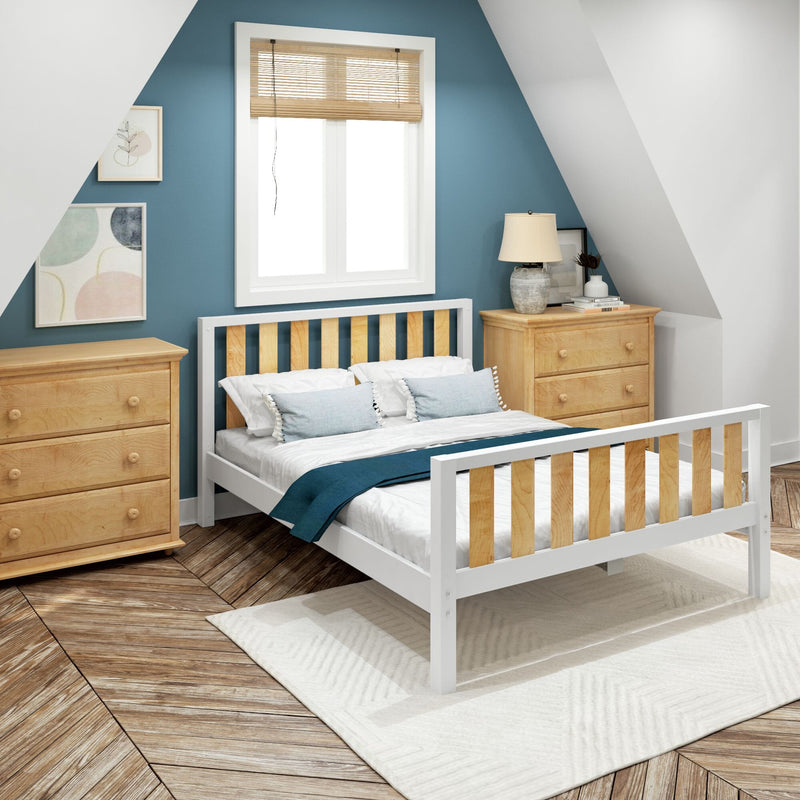 Modern bedroom interior with white wooden bed, light-wood dressers, teal accent wall, window blinds, bedside lamp and wood flooring