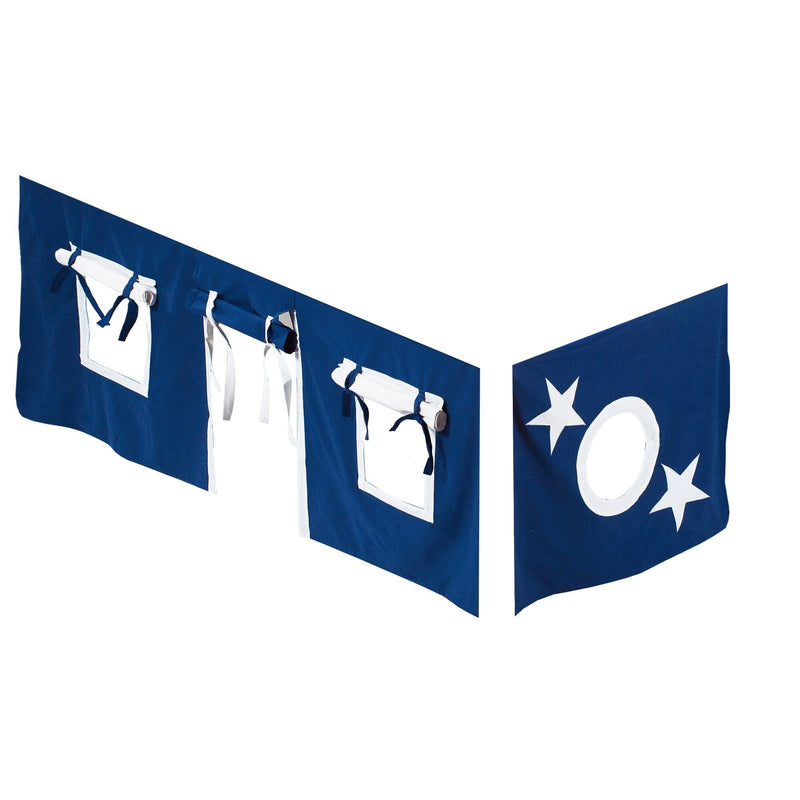 Navy blue crib bumper panel with white tie straps and storage pockets featuring white moon and star nursery motif