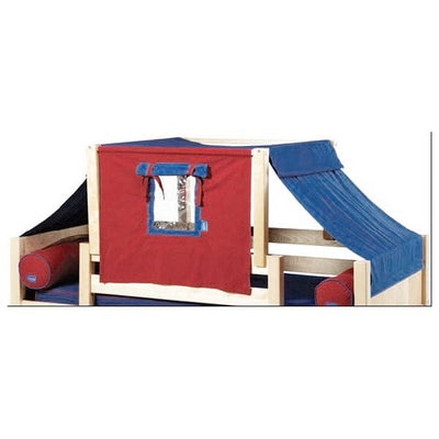 Kids' play tent on a wooden bed frame, featuring red and blue fabric with a window, ideal for imaginative play and bedroom decor.