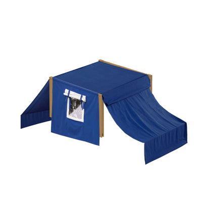 Blue wooden play tent with window for kids, perfect for indoor fun and imaginative play sessions.