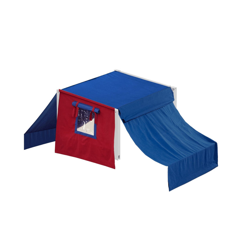 Children's play tent with blue canopy and red front panel featuring clear window and attached tunnel/slide – portable indoor playhouse for toddlers