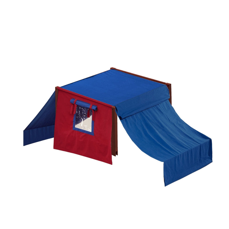 Red and blue children's play tent fort playhouse with wooden frame, roll-up window and blue tunnel slide
