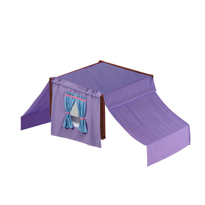 Purple play tent with blue curtains for children's indoor fun activities.