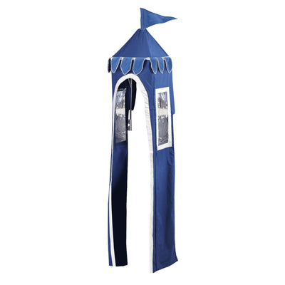 Blue and white medieval play tent for kids with flag and window features.