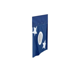 Blue fabric curtain with white stars and circular window cutout for children's playhouse or bunk bed.