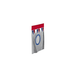 Gray and red horseshoe toss game board with colorful pennant design.