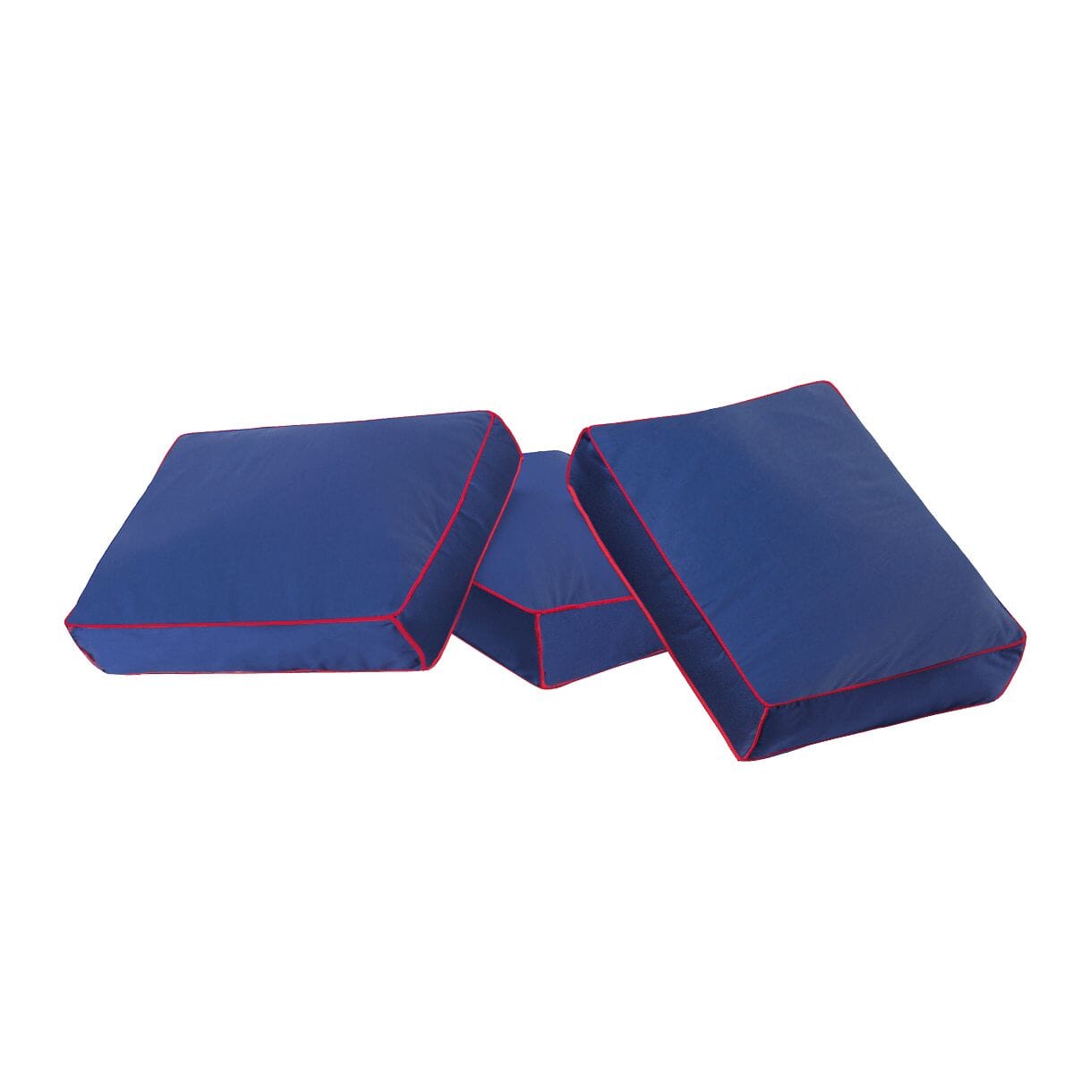 Blue futon mattress cushions with red piping, ideal for comfortable and stylish seating solutions.