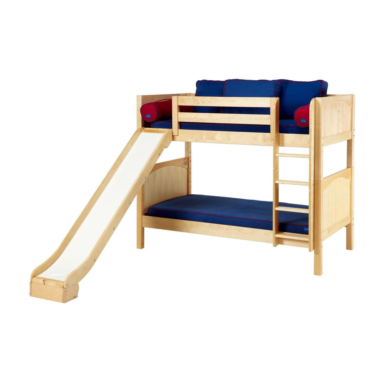 Children's wood bunk bed with slide and ladder, featuring blue cushions, ideal for fun and functional kids' room furniture.