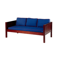 Wooden daybed with blue cushions and a sturdy frame.