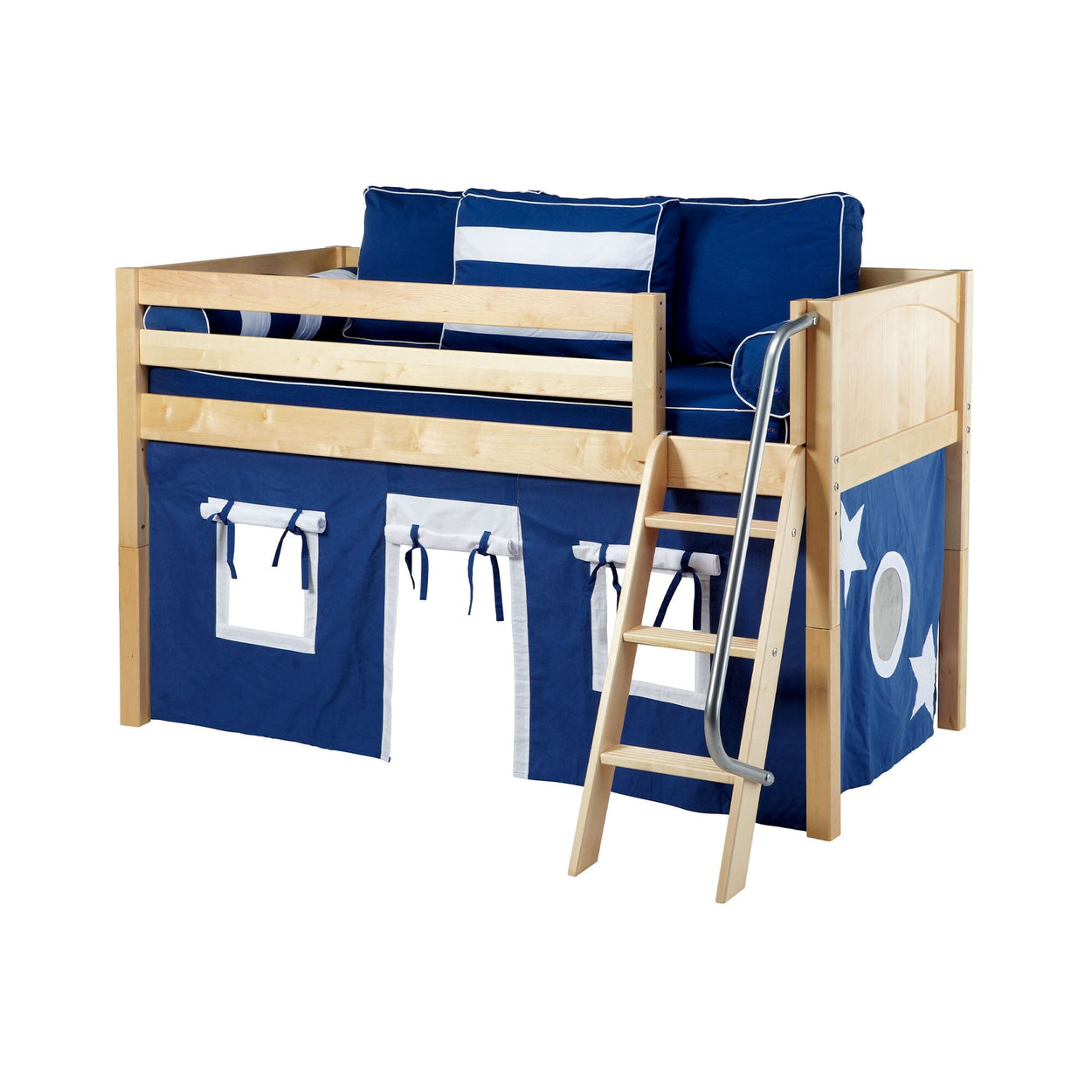 Kids' wooden loft bed with blue star-themed curtain and ladder.