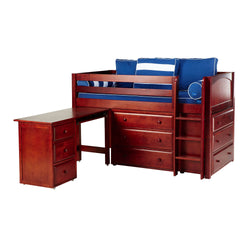 Wooden loft bed with blue cushions, integrated desk, and storage drawers, ideal for kids' space-saving bedroom furniture solutions.