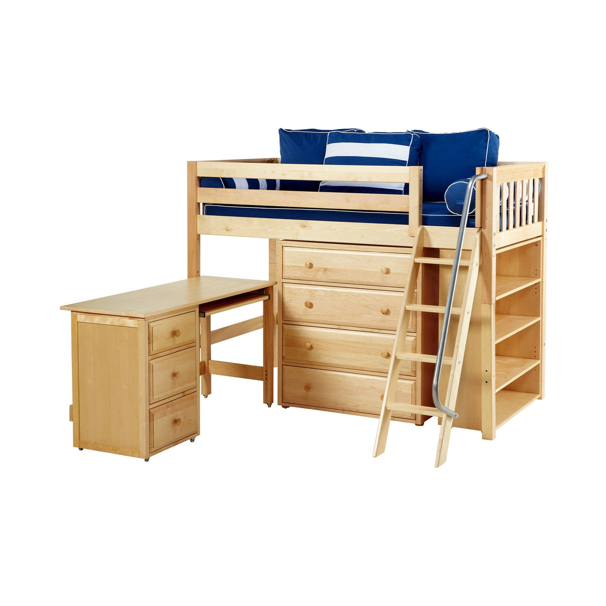 Loft bed with desk and storage in natural wood finish, featuring blue cushions and ladder for kids' room.