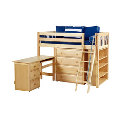 Loft bed with desk and storage in natural wood finish, featuring blue cushions and ladder for kids' room.