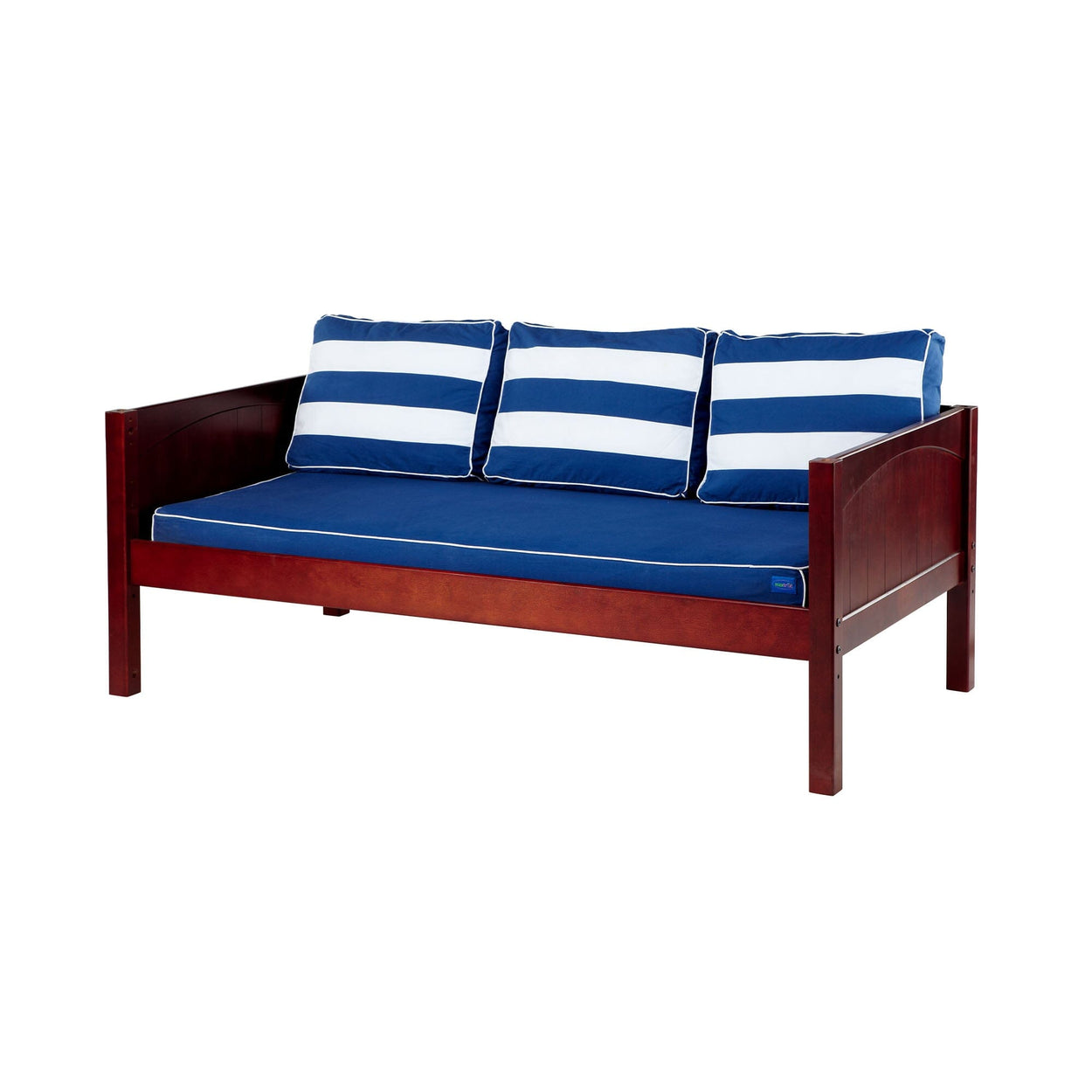 Wooden daybed with navy blue and white striped cushions, ideal for modern home decor.