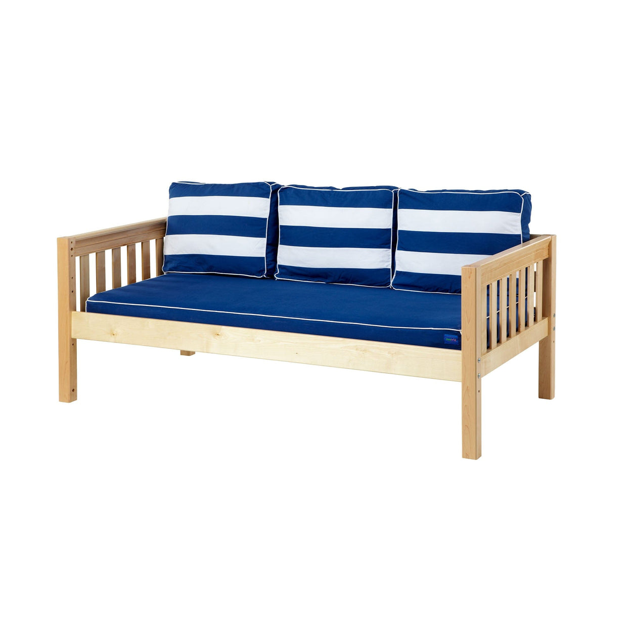 Wooden daybed with blue and white striped cushions, perfect for modern home decor.