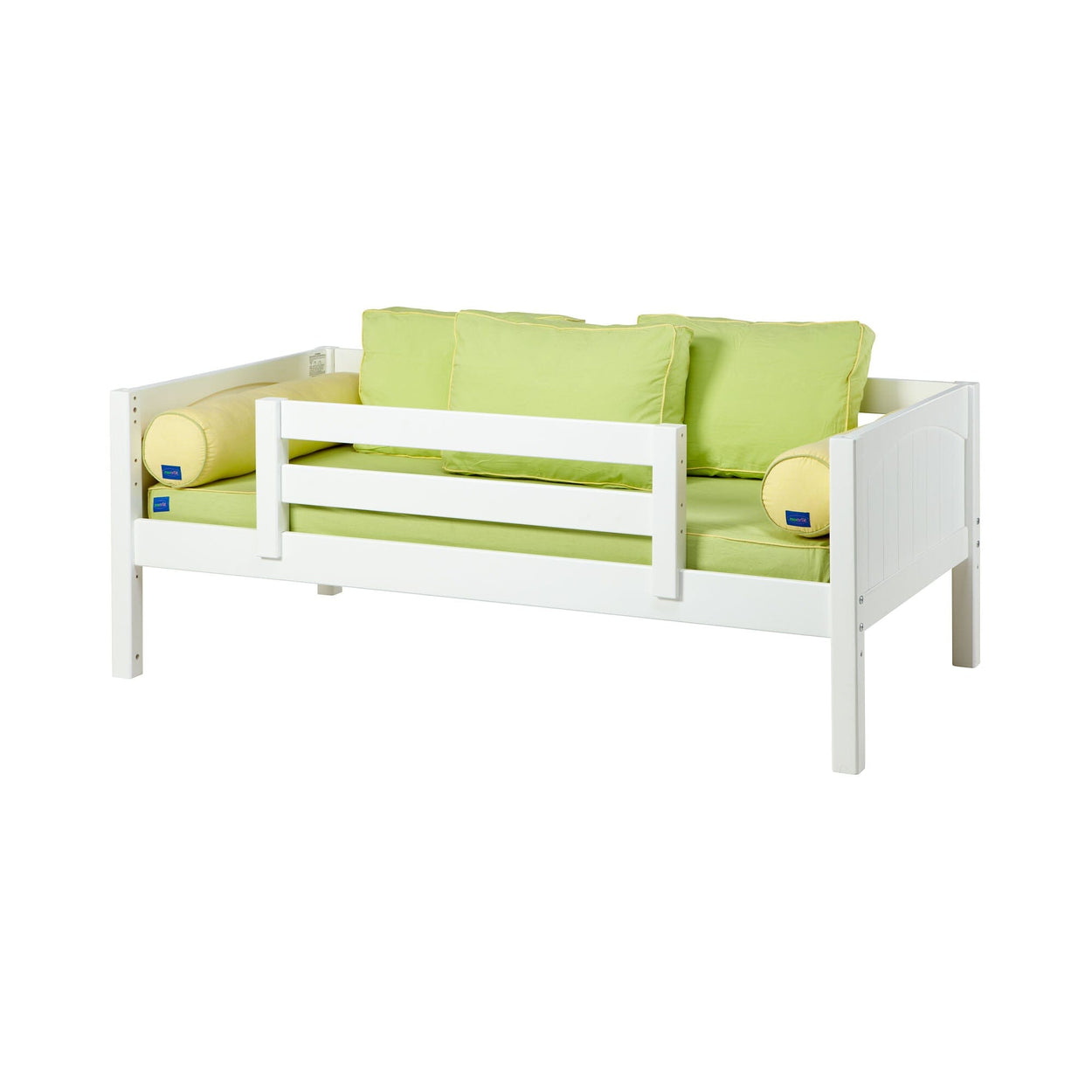 White wooden toddler bed with green and yellow cushions and safety rails.
