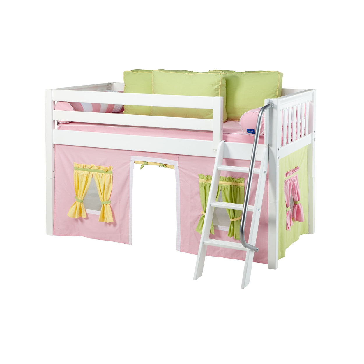 White loft bed with pink and green curtains, ladder, and decorative pillows for children's bedroom.