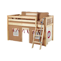 Children's wooden loft bed with ladder, tent curtains, and cushions in a brown and beige color scheme.