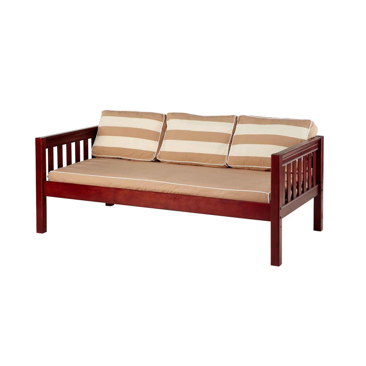 Wooden daybed with brown and white striped cushions.