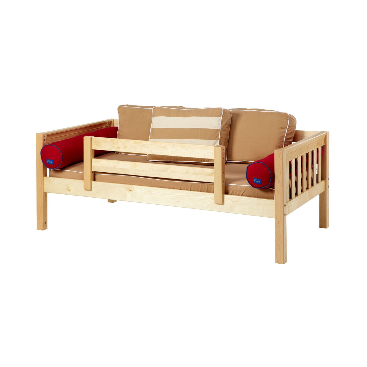 Wooden daybed with beige cushions and red bolsters, ideal for modern living room decor.