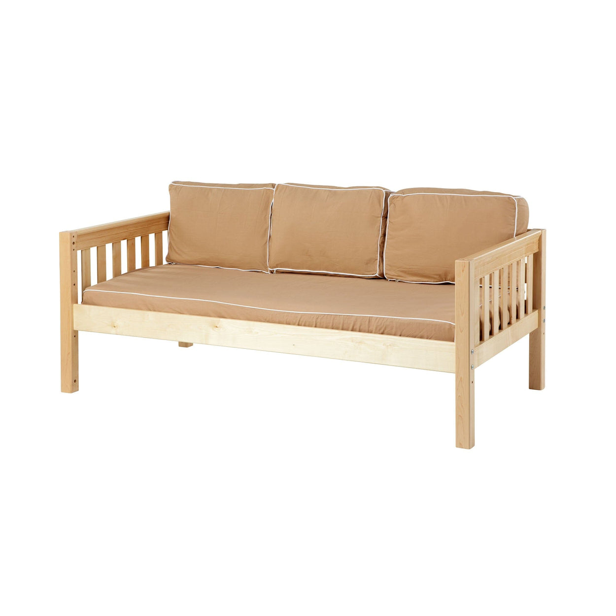 Wooden daybed with brown cushions and minimalist design.