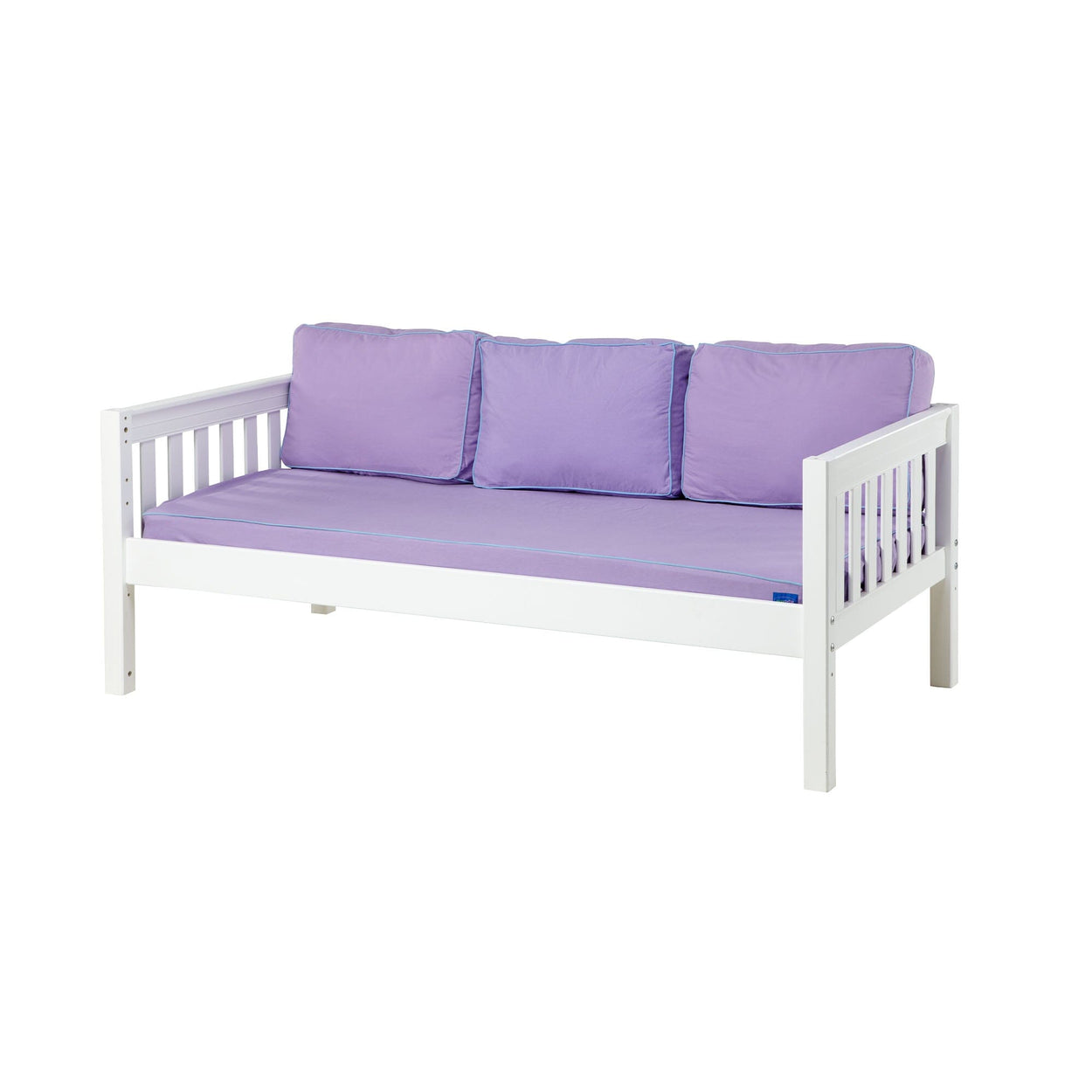 White wooden daybed with purple cushions and mattress on a white background.