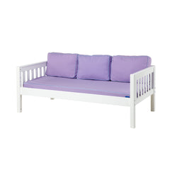 White wooden daybed with purple cushions and mattress on a white background.