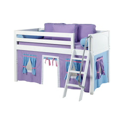 Kids' loft bed with purple and blue tent, white frame, and ladder for bedroom furniture.