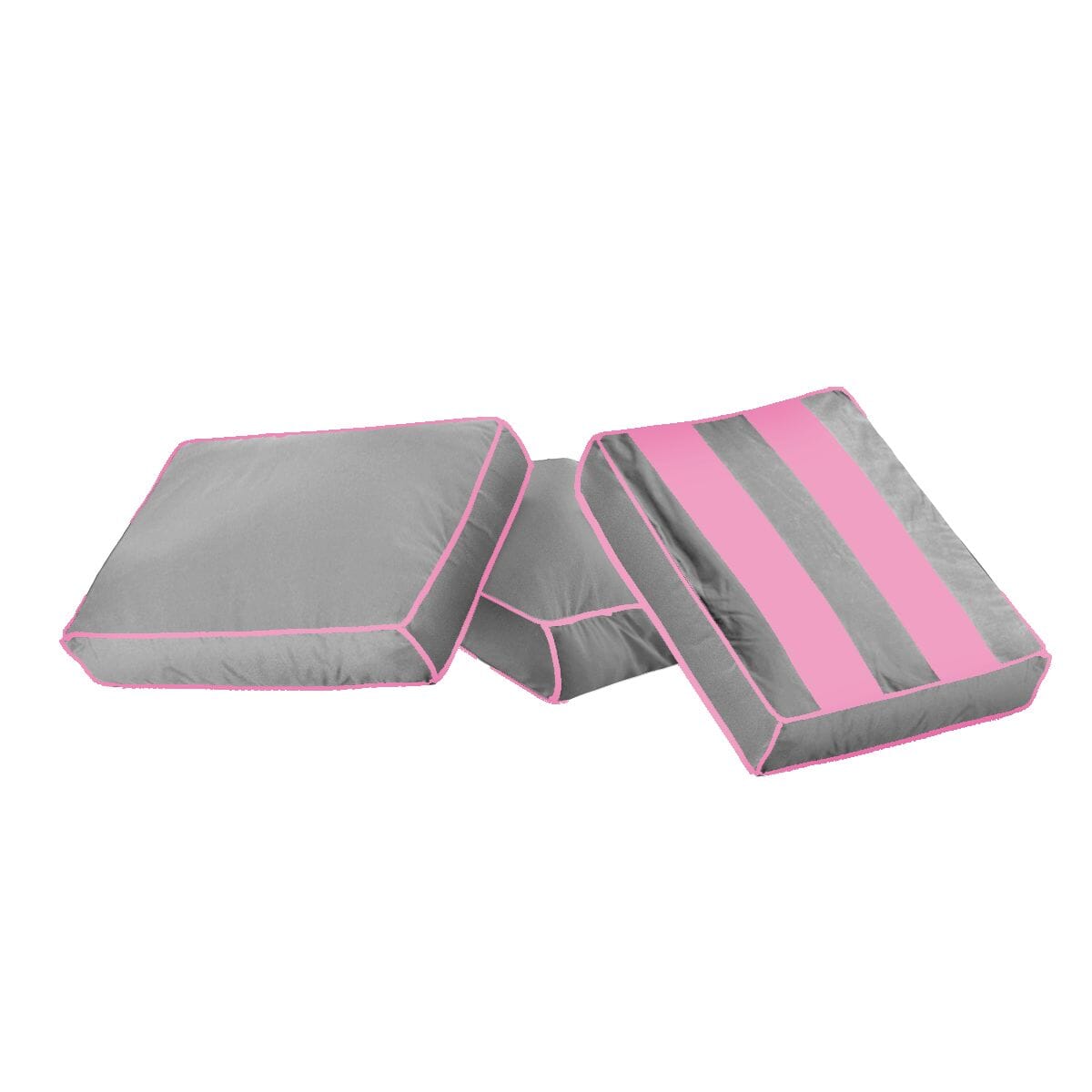 Gray and pink striped outdoor cushions with durable fabric for patio furniture.
