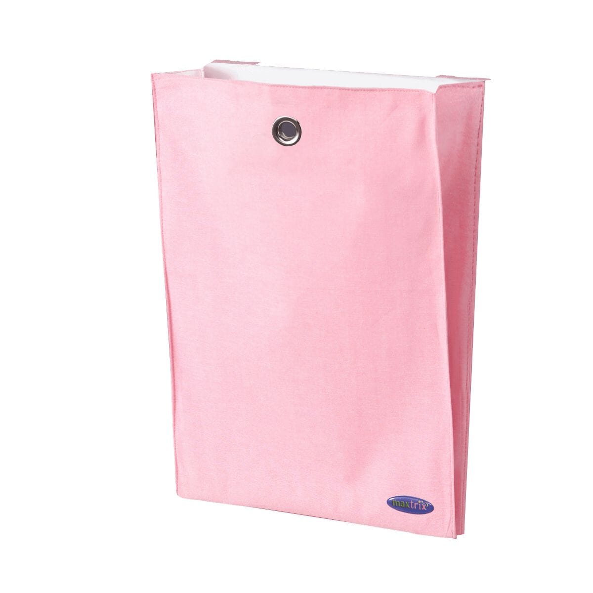 Pink fabric storage bag with handle and grommet.
