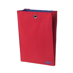 Red fabric storage organizer with blue accents and a grommet for easy hanging.