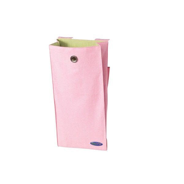 Pink fabric organizer with grommet for easy hanging, ideal for home storage solutions.
