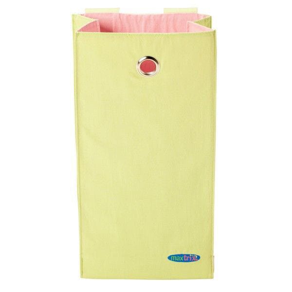 Yellow fabric laundry hamper with pink interior and metal handle for easy carrying.